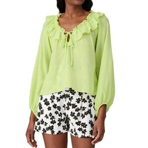 Love, Whit by Whitney Port Citron Ruffle Neck Long Sleeve Cotton Blouse Green M